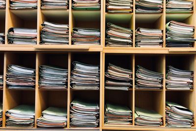 Full frame shot of files in shelves