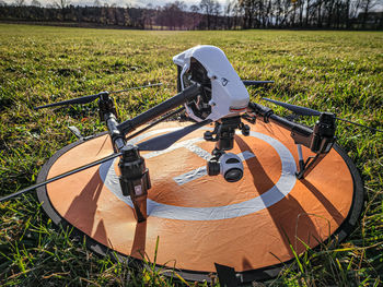 High angle view of camera on field