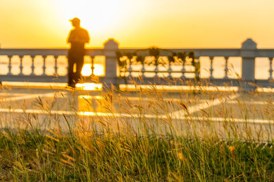 Man standing by water on land against sky during sunset