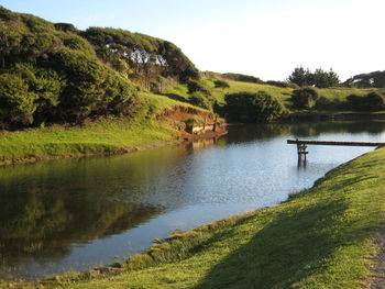 Scenic view of lake against clear sky