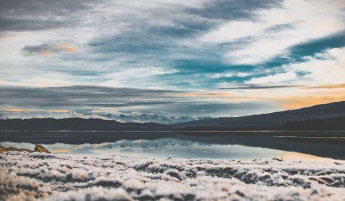 Scenic view of lake against sky during sunset