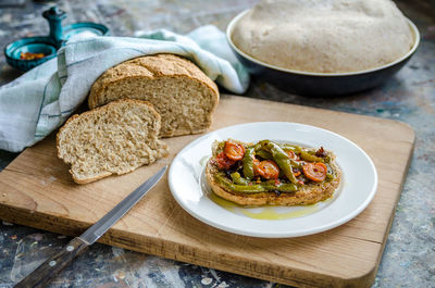 High angle view of breakfast on table