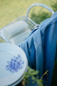 Close-up of blue and white rose on grass