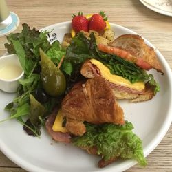 High angle view of breakfast served on table