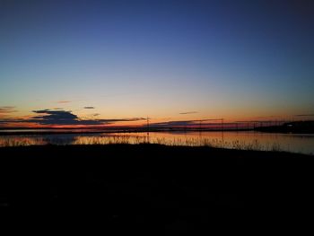 Scenic view of lake against clear sky during sunset