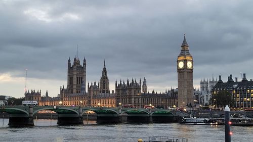 View of buildings in city against cloudy sky