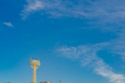 Many birds over stadium spotlight in sky. from afar.