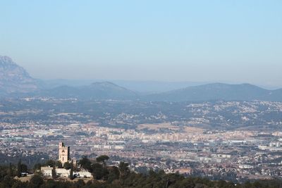 High angle view of townscape against clear sky