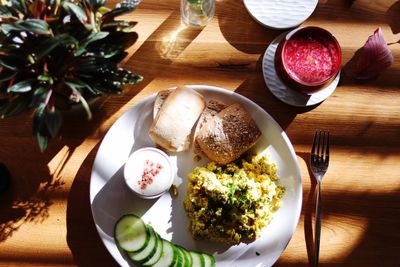 High angle view of breakfast on table