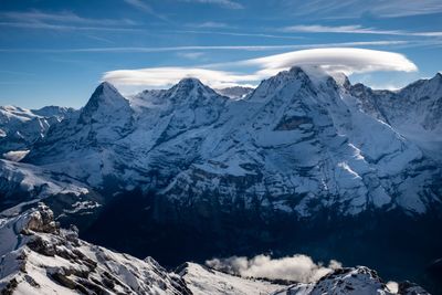 Scenic view of snowcapped mountains against sky