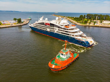 High angle view of boats moored in sea