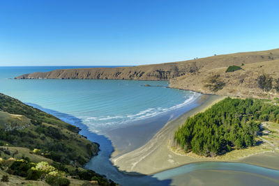 Scenic view of sea against clear blue sky