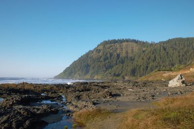 Scenic view of sea against clear blue sky