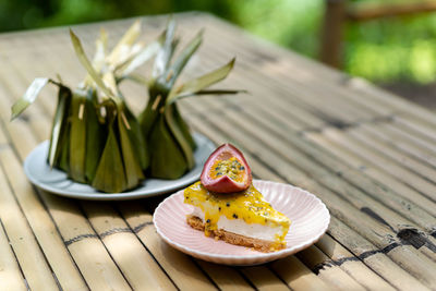 Close-up of fruits served on table
