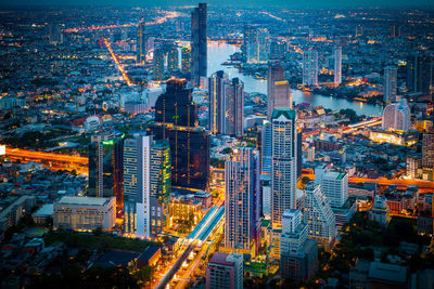 High angle view of modern buildings in city