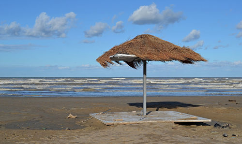 Parasols on beach against sky