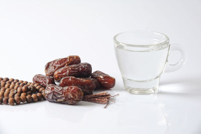 Close-up of breakfast on table against white background