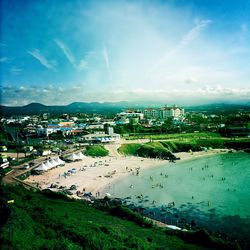High angle view of buildings against sky