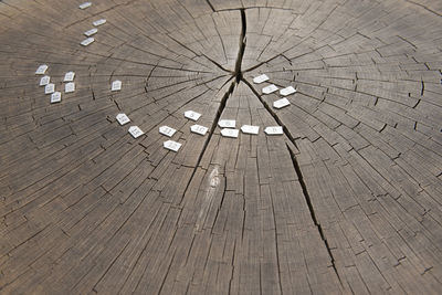 High angle view of arrow sign on wood