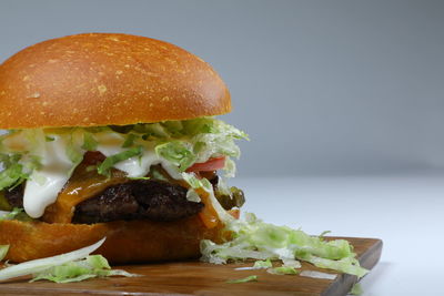 Close-up of burger on table