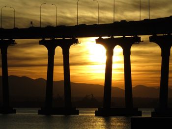 Silhouette of bridge over river during sunset