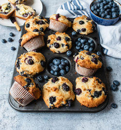 Overhead view of blueberry muffins in baking tin on concrete counter.