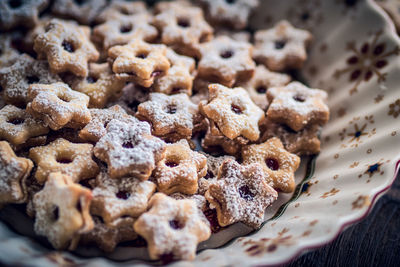 High angle view of cookies in bowl