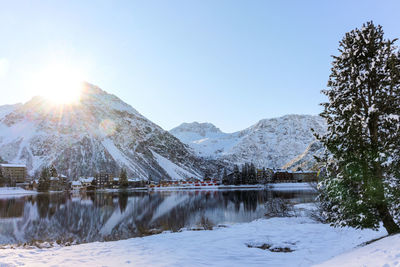 Scenic view of snowcapped mountains against sky