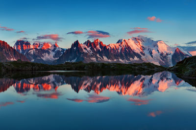 Scenic view of lake and mountains against sky during sunset