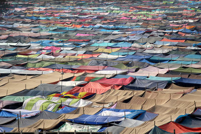High angle view of multi colored umbrellas hanging