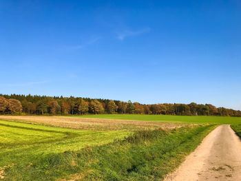 Dirt road amidst field against clear blue sky