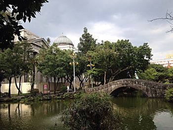 Bridge over river with buildings in background