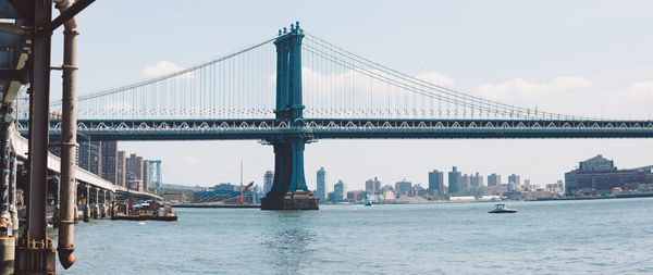 View of suspension bridge over river