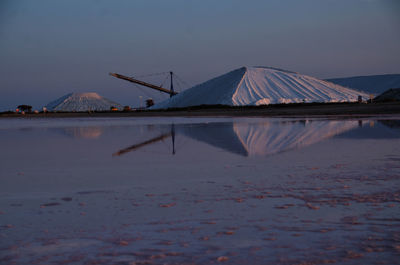 Scenic view of lake by salt mountains against clear sky at dusk