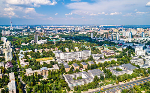 High angle view of buildings against sky