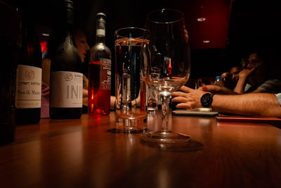 View of wine glasses on table