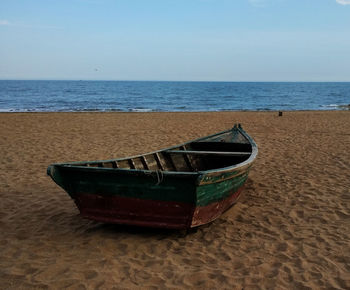 Boat on beach against sky