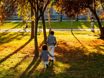 Rear view of siblings walking on grassy field