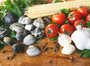 High angle view of vegetables on table