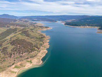 Drone view of blowering reservoir near tumut, snowy mountains, new south wales, australia at drought