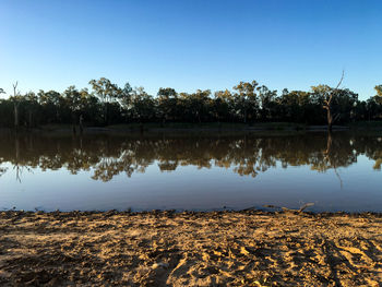 Scenic view of lake against clear blue sky