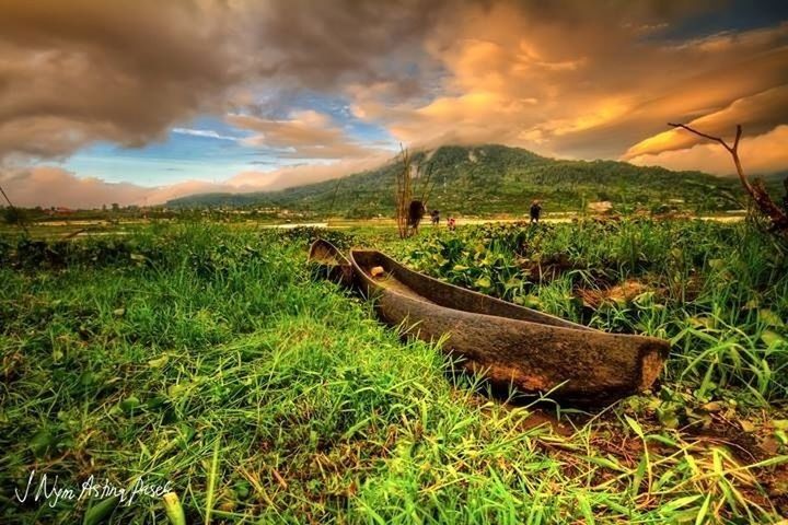 sky, grass, landscape, cloud - sky, field, tranquil scene, tranquility, cloudy, scenics, nature, cloud, beauty in nature, grassy, mountain, sunset, non-urban scene, horizon over land, outdoors, plant, no people