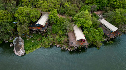 High angle view of boats in lake