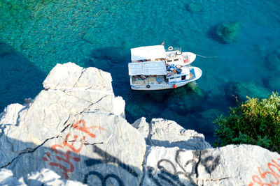 High angle view of boats in sea