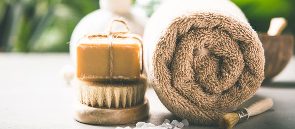 Close-up of spa products on table