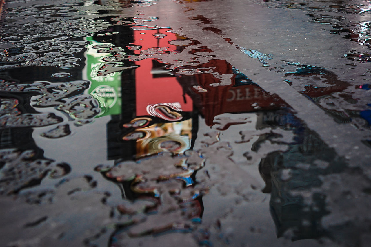 HIGH ANGLE VIEW OF PUDDLE ON WET GROUND