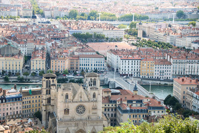 High angle view of buildings in city