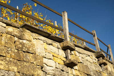 Low angle view of stone wall against clear sky