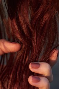 Cropped hand of woman holding red hair