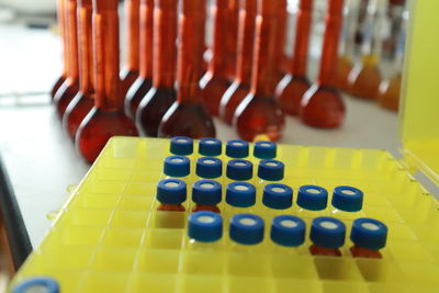 Close-up of bottles in tray